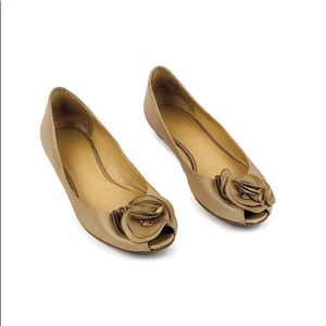 Nine West Jemmy Nude Leather Flower Peep Toe Flats